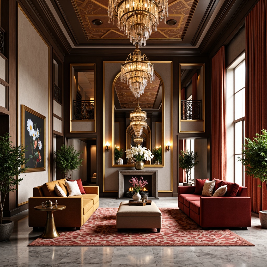 Prompt: Luxurious great room, opulent furnishings, rich velvet fabrics, metallic accents, geometric patterns, ornate mirrors, lavish chandeliers, bold color schemes, statement artwork, elegant drapery, sophisticated textiles, intricate marble floors, high ceilings, grandiose windows, warm golden lighting, shallow depth of field, 2/3 composition, realistic reflections, ambient occlusion.