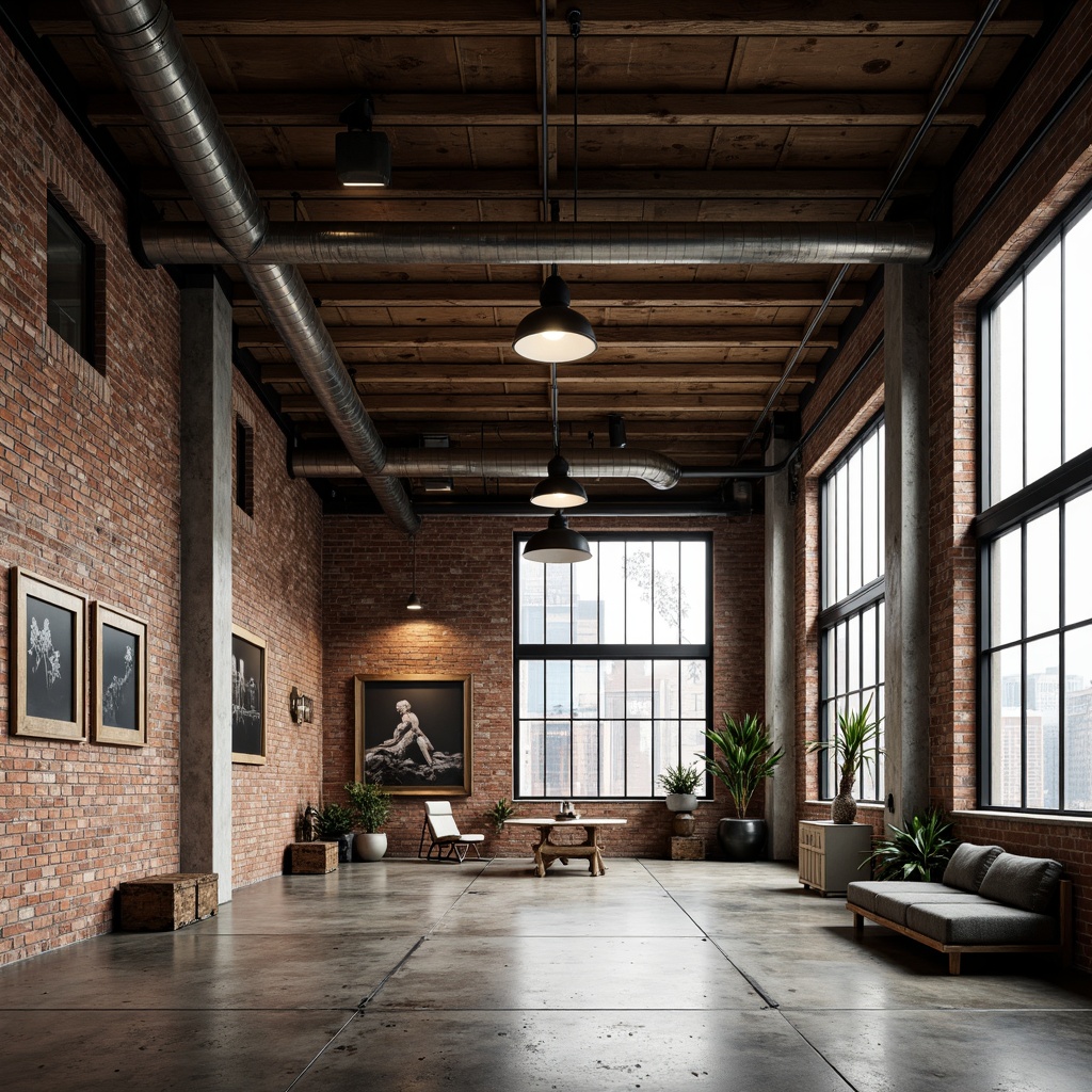 Prompt: Exposed brick walls, metal beams, reclaimed wood accents, industrial-style lighting fixtures, urban loft atmosphere, converted warehouse space, distressed concrete floors, mechanical equipment details, steel-framed windows, functional minimalism, neutral color palette, raw unfinished textures, utilitarian aesthetic, eclectic decorative objects, modern art installations, cityscape views, dramatic high ceilings, natural indirect lighting, 1/1 composition, cinematic mood.