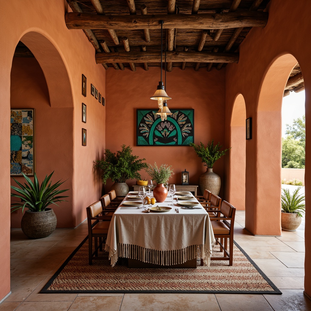 Prompt: Earthy Southwestern dining room, warm terracotta walls, rustic wooden accents, vibrant turquoise decorations, natural woven textiles, sandy beige flooring, distressed leather furniture, bold geometric patterns, colorful ceramic vases, warm candle lighting, shallow depth of field, 1/2 composition, realistic textures, ambient occlusion.