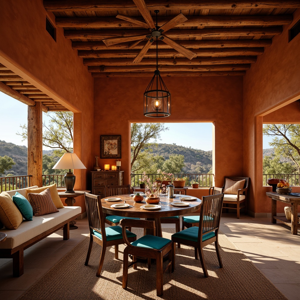 Prompt: Cozy Southwestern dining room, warm terracotta walls, rustic wooden furniture, vibrant turquoise accents, woven textiles, natural fiber rugs, earthy pottery, candlelit ambiance, soft warm glow, table lamps, pendant lights, lantern-style fixtures, warm bronze tones, distressed wood ceiling, stucco finishes, arid landscape views, abundant natural light, shallow depth of field, 1/2 composition, inviting atmosphere, realistic textures.