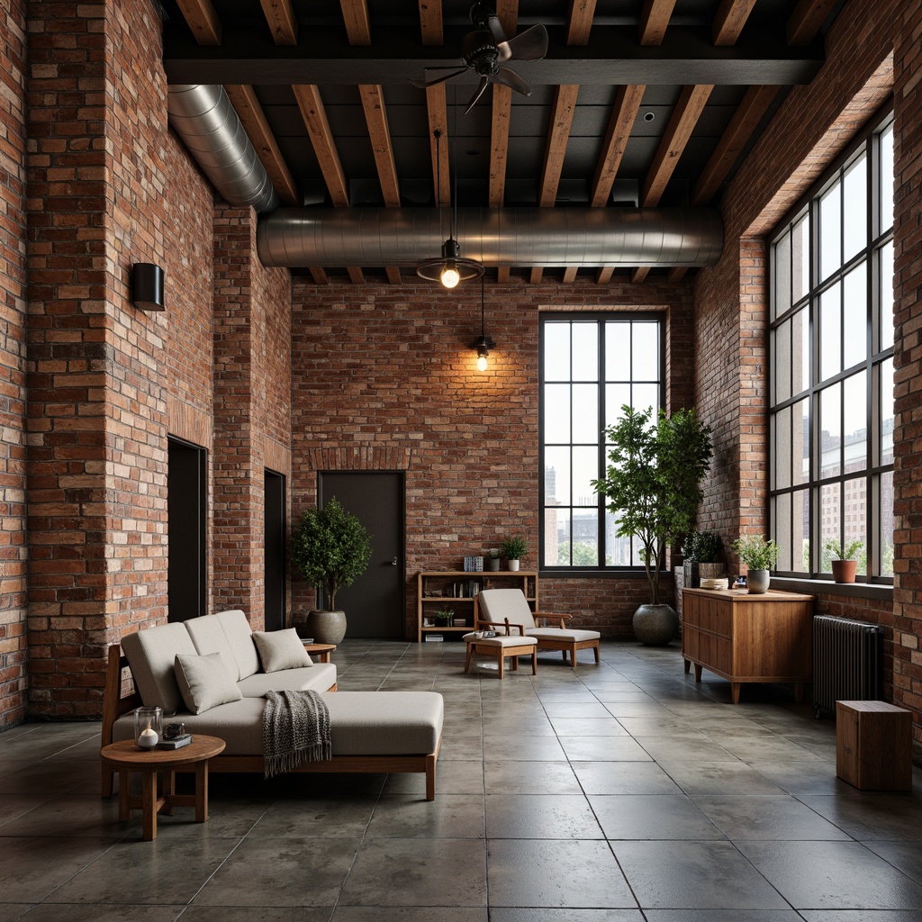 Prompt: Exposed brick walls, distressed finishes, industrial chic aesthetic, urban loft atmosphere, reclaimed wood accents, metal beams, concrete floors, high ceilings, minimalist decor, functional lighting, Edison bulbs, vintage machinery, rusted metal tones, earthy color palette, raw material textures, brutalist architecture, functional simplicity, utilitarian vibe.