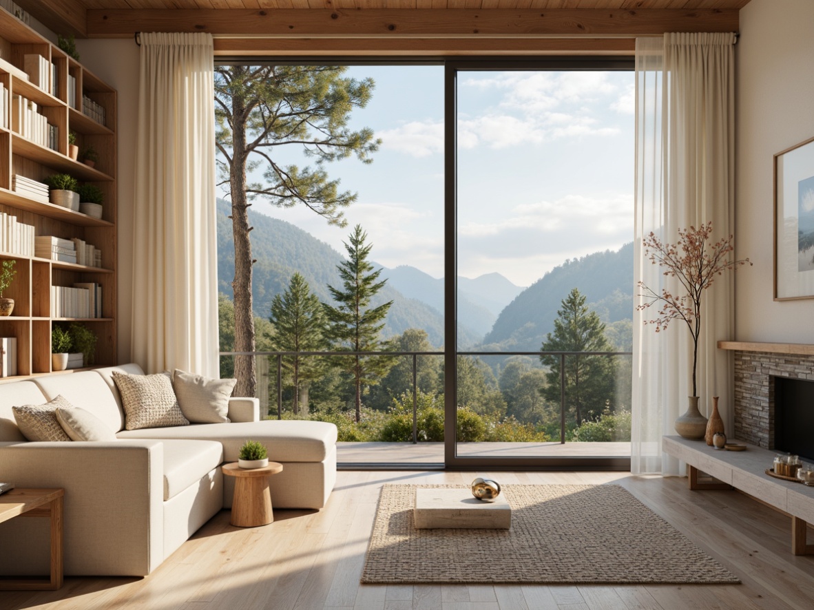 Prompt: Cozy Scandinavian villa, natural wood accents, minimalist decor, soft cream walls, warm beige floors, calming blue-grey skies, lush green forests, misty mornings, warm sunlight, gentle snowflakes, wooden cabinetry, woven textiles, earthy tones, muted pastels, subtle patterns, organic shapes, symmetrical composition, soft focus, atmospheric perspective, serene ambiance.