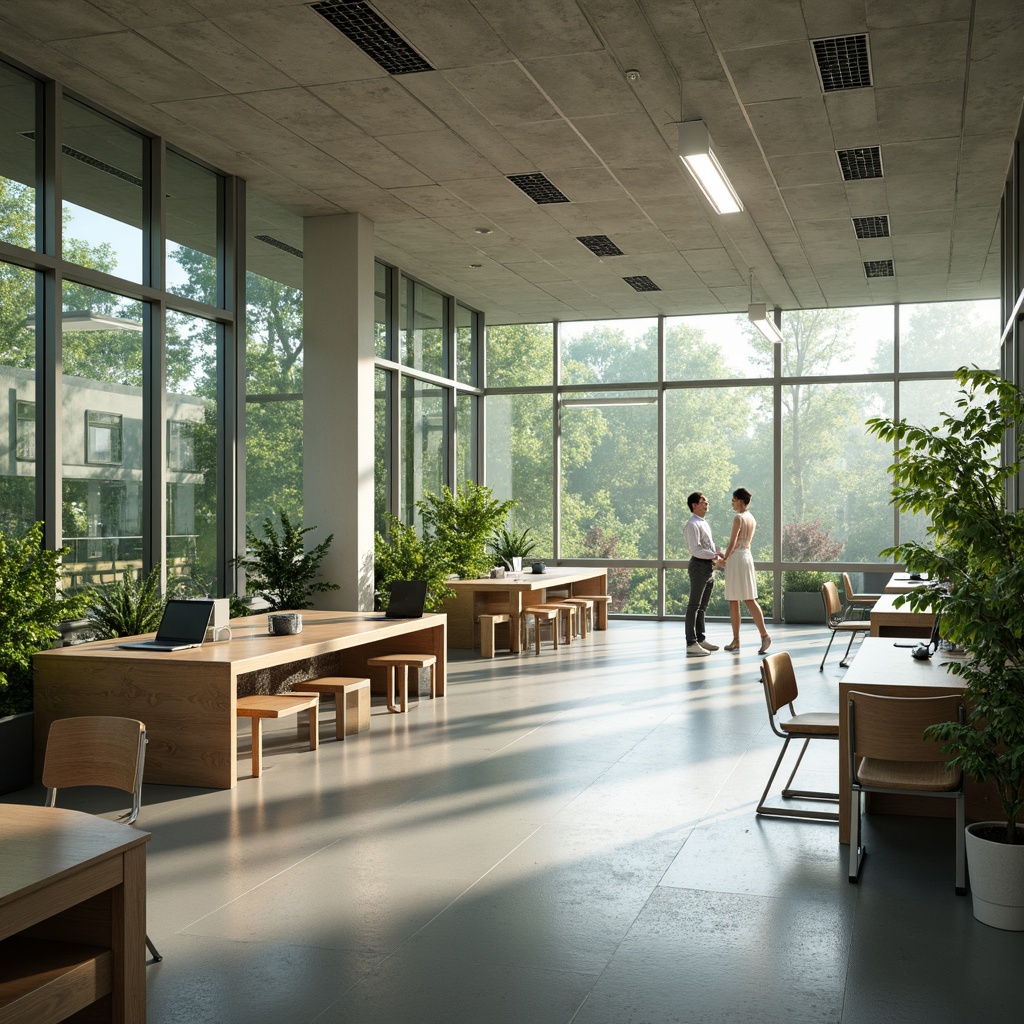 Prompt: Minimalist open-plan classroom, natural light pouring in, polished concrete floors, simple wooden desks, ergonomic chairs, green walls, living plants, floor-to-ceiling windows, sliding glass doors, modern educational technology, interactive whiteboards, collaborative learning areas, calm color palette, subtle textures, soft diffused lighting, shallow depth of field, 3/4 composition, panoramic view, realistic materials, ambient occlusion.