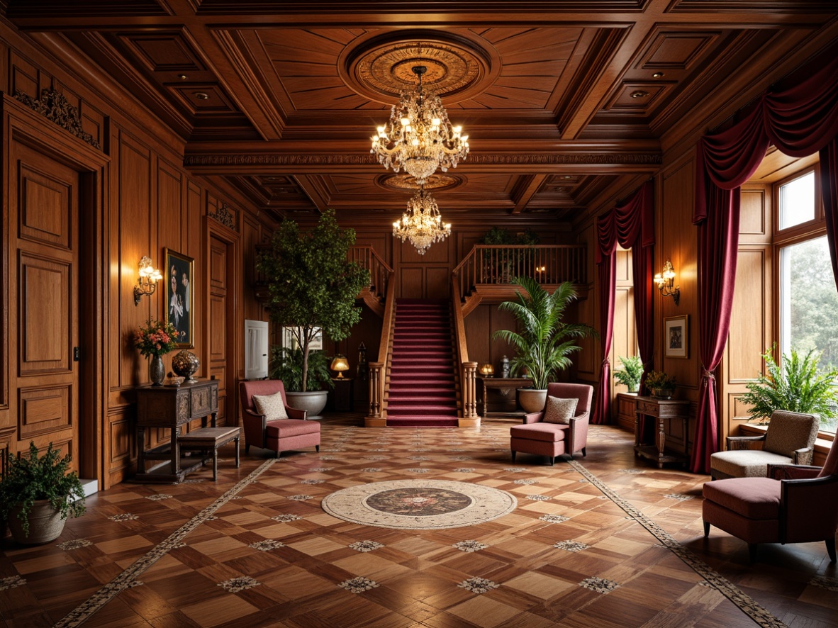 Prompt: \Opulent Victorian-era mansion, richly patterned hardwood floors, intricately inlaid parquetry, warm walnut wood tones, ornate floor tiles, classic herringbone designs, luxurious soft carpets, plush velvet textures, grand staircases, intricate moldings, crystal chandeliers, lavish drapery, rich jewel-toned colors, dramatic high ceilings, ornate wainscoting, highly polished finishes, subtle sheen, realistic wood grain details, 1/1 composition, shallow depth of field, warm golden lighting, ambient occlusion.\