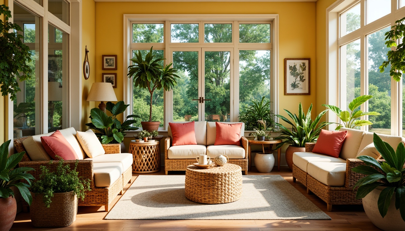 Prompt: Vibrant sunroom, lush greenery, warm natural light, cheerful yellow walls, soft cream accents, rustic wood furniture, woven rattan decor, botanical prints, earthy terracotta pots, lively coral hues, calming blue undertones, creamy white trim, airy feel, natural textiles, organic shapes, warm beige tones, inviting atmosphere, softbox lighting, shallow depth of field, 3/4 composition, realistic textures, ambient occlusion.