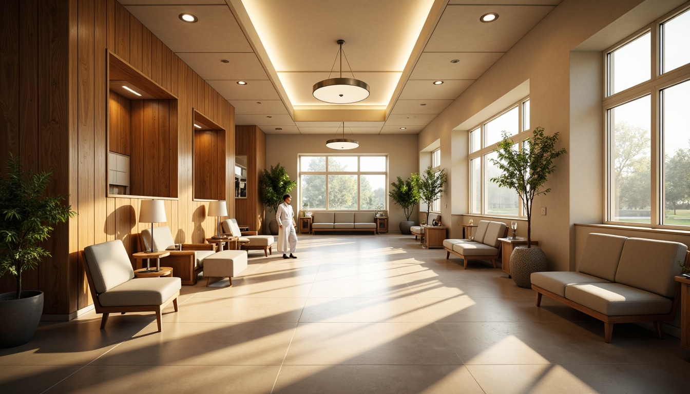 Prompt: Warm inviting corridors, soft diffused lighting, natural wood accents, retro-style nurse stations, vintage medical equipment, minimalist decorative elements, neutral color palette, calming ambiance, large windows, abundant natural light, indirect LED lighting, subtle gradient effects, circular pendant lamps, warm beige tones, comfortable waiting areas, lush greenery, organic shapes, rounded corners, brutalist architectural influences, 1/1 composition, soft focus, atmospheric rendering.