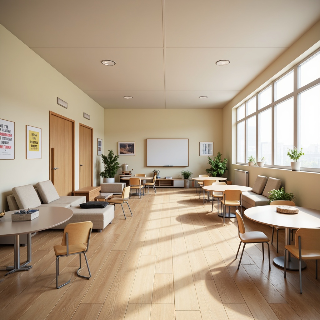 Prompt: Minimalist school interior, calm atmosphere, soft beige walls, polished wooden floors, sleek metal furniture, subtle pastel colors, gentle natural light, large windows, simple shapes, clean lines, educational decorations, inspirational quotes, motivational posters, soft cushioned chairs, collaborative learning spaces, modern technology integration, interactive whiteboards, quiet reading nooks, cozy corner seating, calming greenery, serene ambiance, shallow depth of field, 1/1 composition, realistic textures.