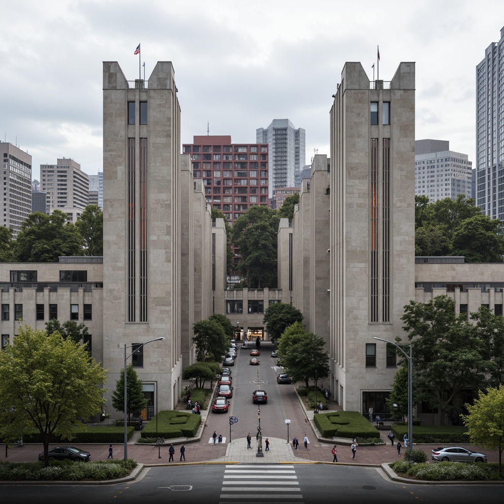 Prompt: Rugged university campus, brutalist architecture, exposed concrete structures, angular lines, fortress-like buildings, industrial materials, raw textures, functional design, minimalist aesthetics, bold color accents, urban surroundings, busy streets, modern cityscape, cloudy day, dramatic shadows, high contrast lighting, 1/1 composition, symmetrical view, realistic rendering, ambient occlusion.