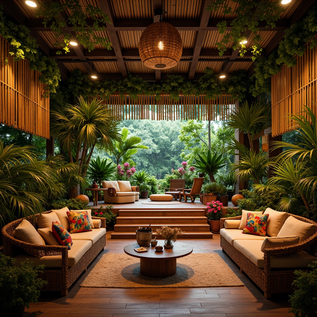 Prompt: Vibrant tropical music venue, lush greenery, exotic flowers, wooden stage, colorful instruments, rattan furniture, plush cushions, woven textiles, natural wood accents, bamboo decorations, warm lighting, soft focus, shallow depth of field, 1/2 composition, intimate atmosphere, relaxed seating arrangement, circular formation, cozy corners, ambient sound effects.