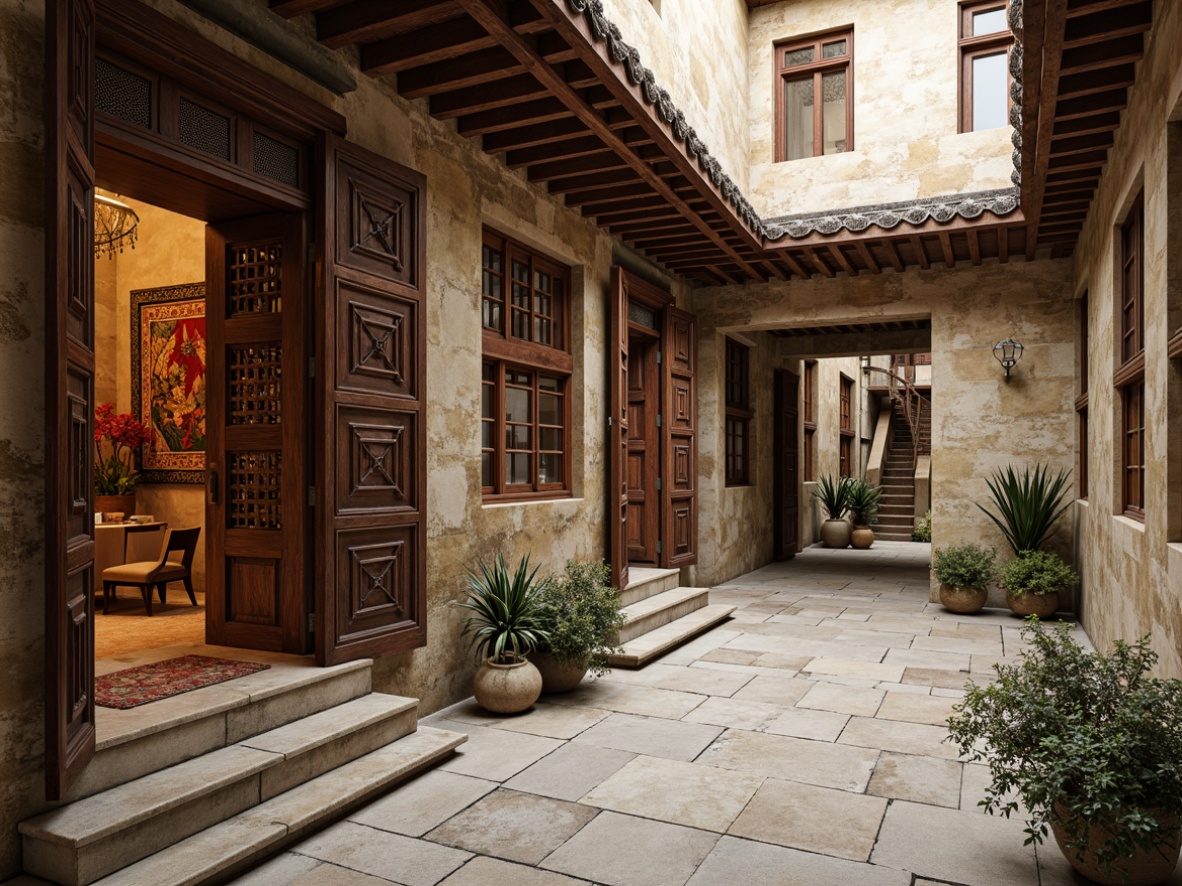 Prompt: Rustic monastery courtyard, worn stone walls, intricately carved wooden doors, ornate ironwork, serene cloisters, natural linen fabrics, earthy tone color palette, woven tapestries, hand-embroidered patterns, traditional Tibetan motifs, faded red and gold accents, soft warm lighting, shallow depth of field, 3/4 composition, panoramic view, realistic textures, ambient occlusion.