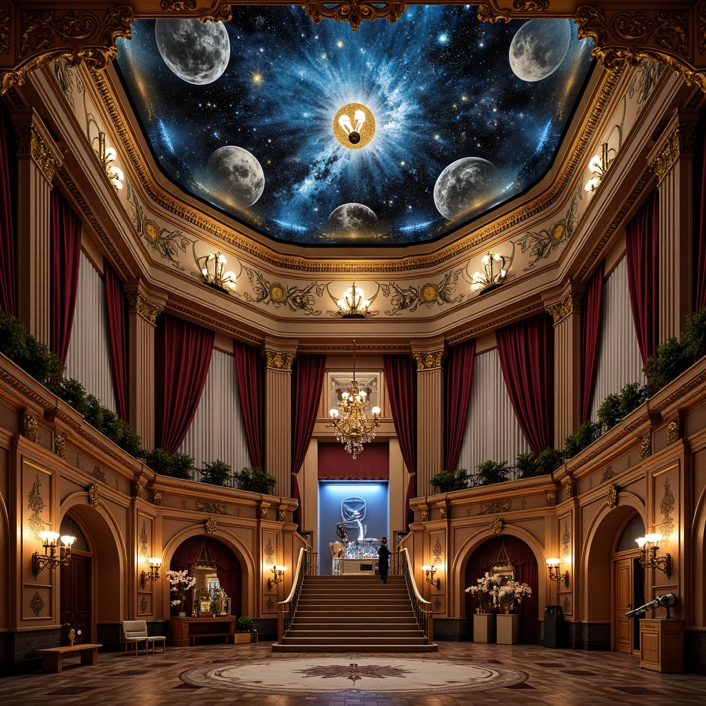 Prompt: \Grandiose planetarium, Victorian-style intricate ornaments, celestial-inspired murals, starry night sky, golden accents, ornate chandeliers, luxurious velvet drapes, rich wood paneling, astronomical instruments, antique telescopes, majestic archways, grand staircase, opulent furnishings, warm cozy lighting, soft focus, 1/1 composition, shallow depth of field, realistic textures, ambient occlusion.\