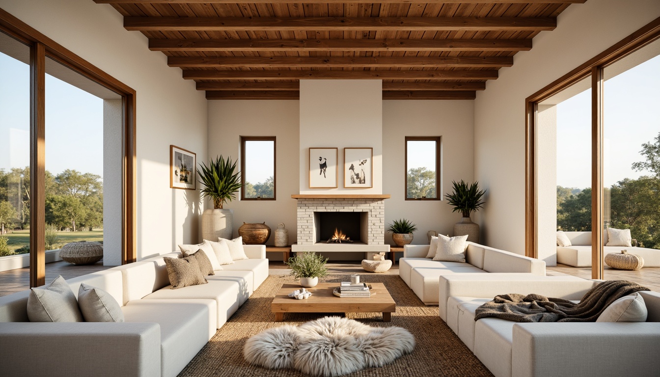 Prompt: Cozy Scandinavian villa, natural wood accents, woven textiles, plush area rugs, soft sheepskin throws, wooden ceiling beams, stone fireplace, minimalist decor, creamy white walls, large windows, warm afternoon light, 1/1 composition, shallow depth of field, realistic textures, ambient occlusion.