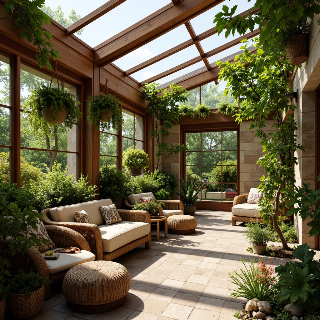 Prompt: Vibrant sunroom, lush greenery, natural light, warm ambiance, tropical plants, wicker furniture, rattan decor, earthy tones, wooden accents, botanical patterns, hanging planters, flowering vines, trailing ivy, leafy greens, rustic stone walls, skylights, clerestory windows, sliding glass doors, cozy reading nooks, plush cushions, natural textiles, organic shapes, calming atmosphere, soft warm lighting, shallow depth of field, 3/4 composition, panoramic view.