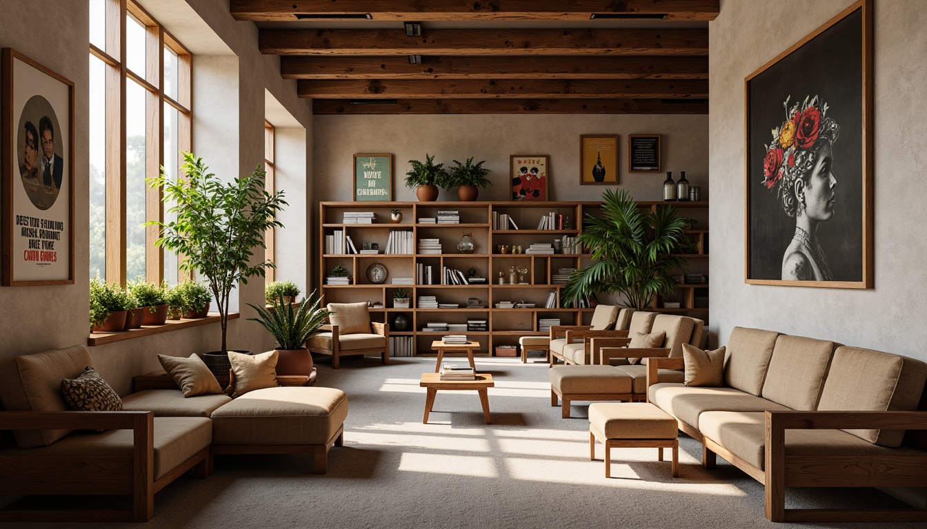 Prompt: Rustic wooden furniture, vintage metal frames, comfortable cushioned sofas, earthy tone fabrics, natural wood accents, educational posters, motivational quotes, plants with greenery, warm soft lighting, cozy reading nooks, wooden bookshelves, classic library tables, leather-bound books, warm beige walls, soft gray carpets, minimal decor, calm atmosphere, 1/1 composition, soft focus, realistic textures.