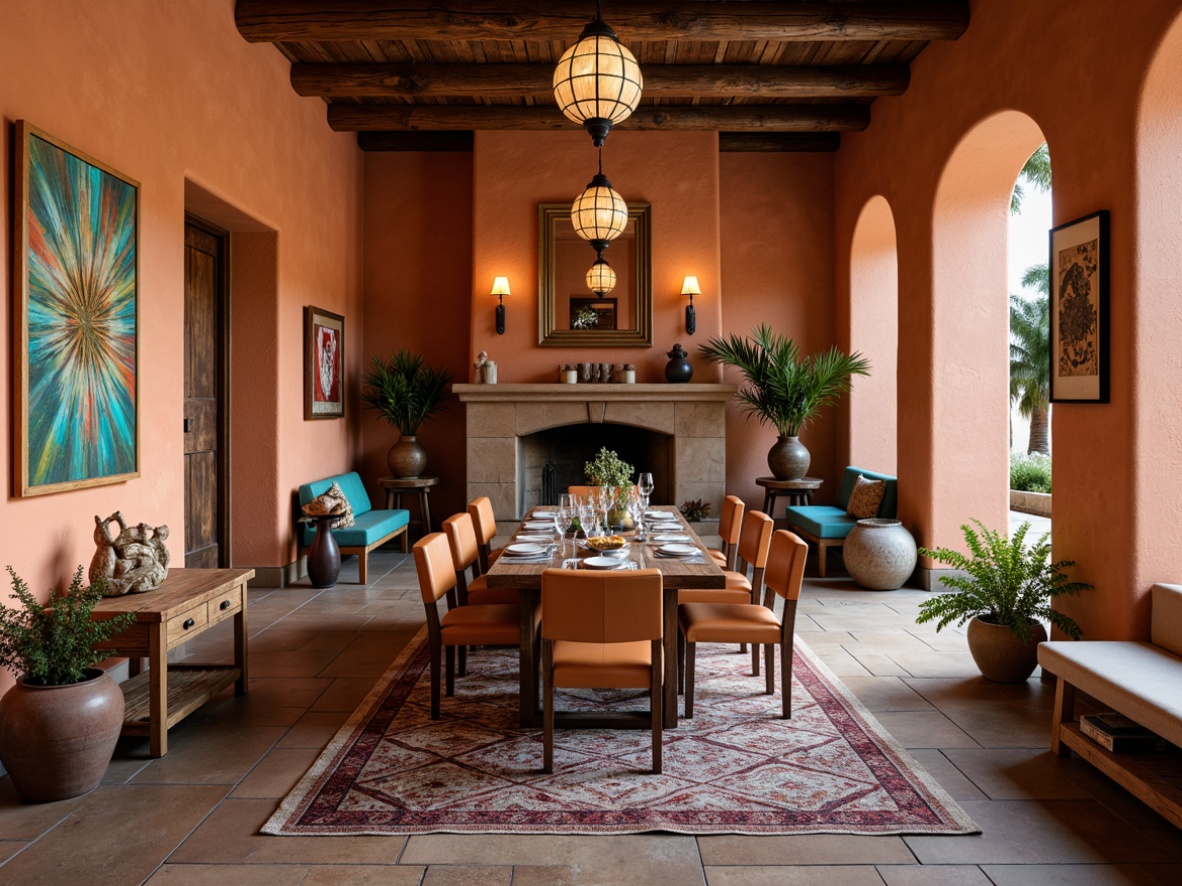 Prompt: Southwestern dining room, warm terracotta walls, rustic wooden furniture, woven textiles, vibrant turquoise accents, geometric patterned rugs, distressed leather chairs, reclaimed wood tables, pendant lanterns, earthy clay vases, potted cacti, natural stone flooring, cozy fireplace, soft warm lighting, shallow depth of field, 3/4 composition, realistic textures, ambient occlusion.