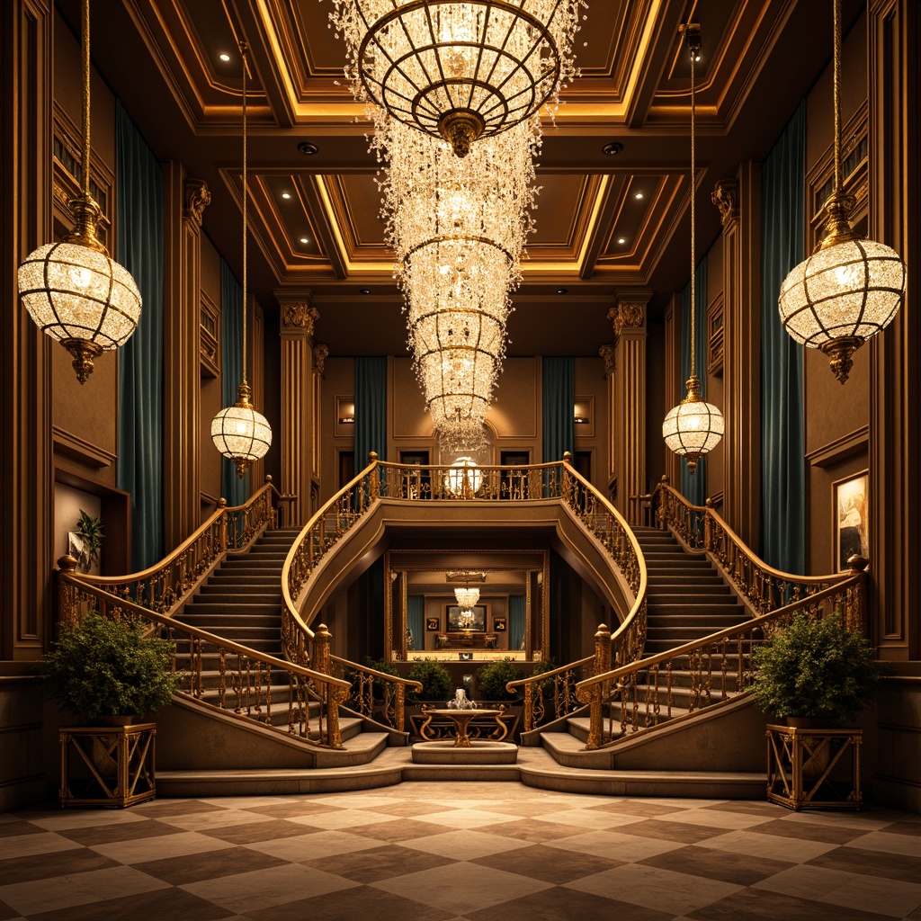 Prompt: Art Deco chandeliers, ornate metalwork, crystal droplets, luxurious fabrics, metallic accents, geometric patterns, opulent materials, lavish decorations, grand staircases, marble floors, velvet drapes, vintage lighting, spherical shapes, polished chrome, sophisticated ambiance, warm golden glow, dramatic shadows, 1/1 composition, low-angle shot, cinematic lighting.