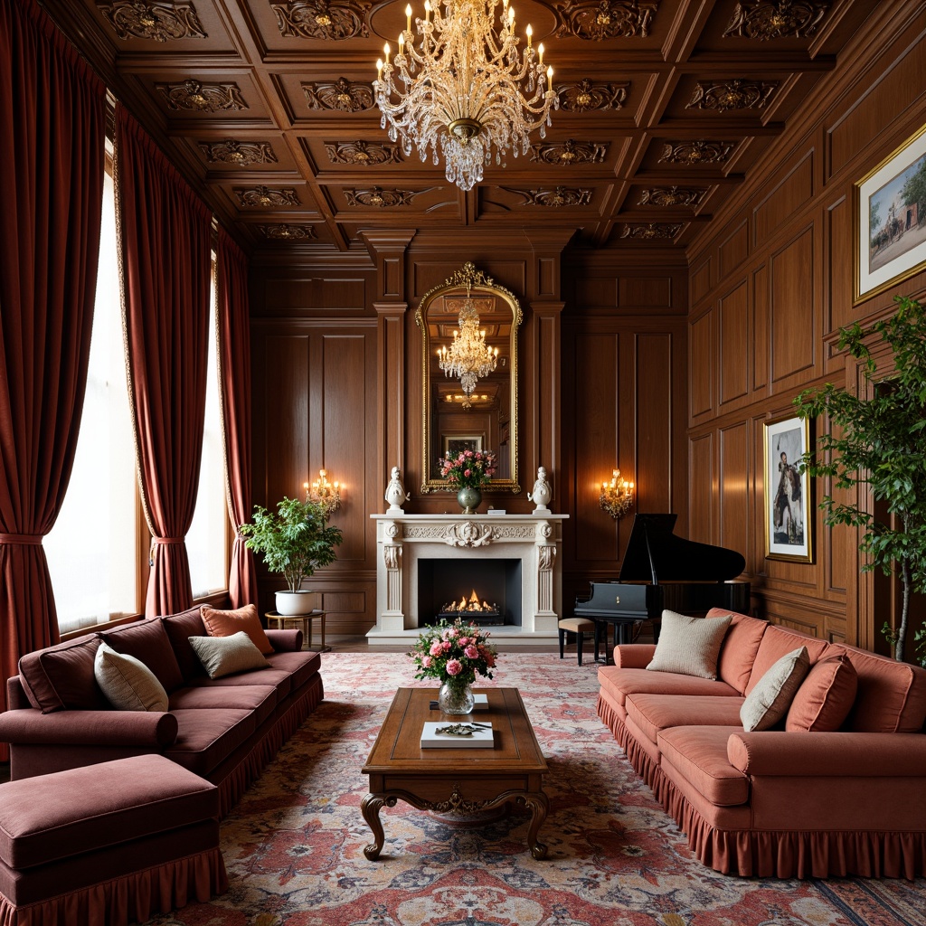 Prompt: Luxurious living room, rich wood paneling, ornate carved furniture, velvet upholstery, golden accents, crystal chandeliers, plush area rugs, classical sculptures, intricately patterned wallpaper, grand pianos, floor-to-ceiling curtains, opulent drapery, warm fireplaces, soft warm lighting, shallow depth of field, 1/1 composition, realistic textures, ambient occlusion.