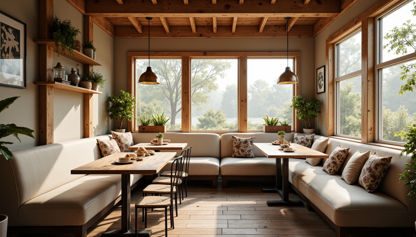 Prompt: Cozy breakfast nook, warm wood tones, soft morning light, plush cushions, curved banquette seating, rustic wooden tables, vintage metal chairs, distressed finishes, farmhouse-style decor, earthy color palette, natural textiles, woven baskets, potted greenery, botanical prints, creamy whites, soft grays, warm beige, intimate atmosphere, shallow depth of field, 1/2 composition, soft focus effect, realistic wood grains, ambient occlusion.