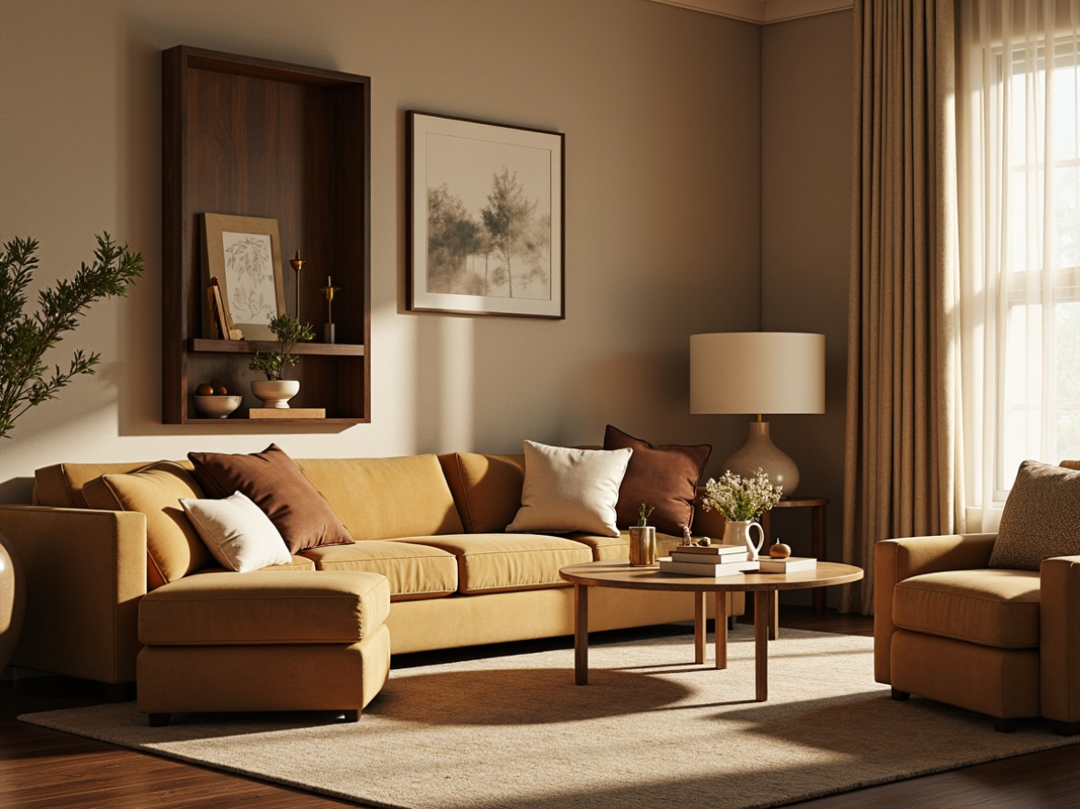 Prompt: Cozy living room, plush velvet sofa, soft golden lighting, warm beige walls, luxurious fabrics, smooth linen textures, comfortable pillows, elegant drapery, sophisticated color palette, natural wood furniture, inviting atmosphere, relaxing ambiance, serene decorative accents, calming color scheme, tranquil interior design.