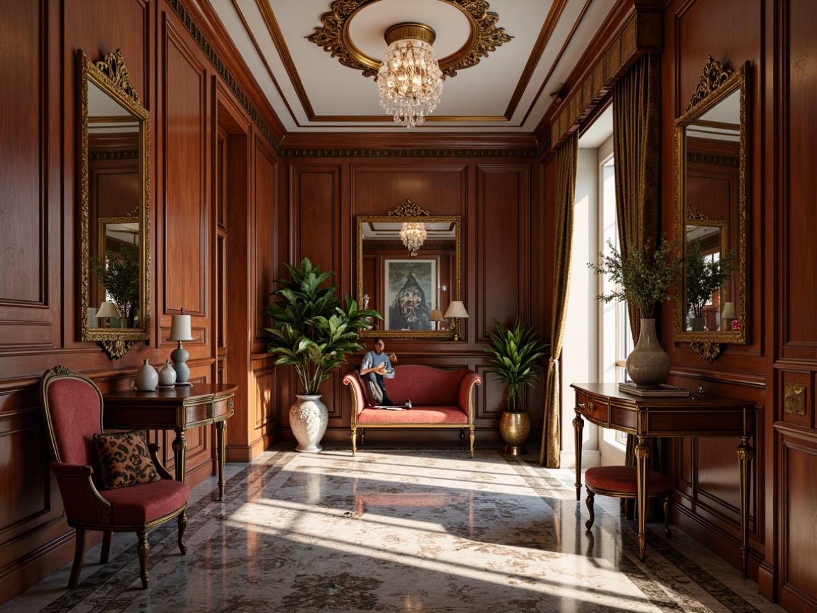 Prompt: Luxurious mudroom, ornate Baroque details, gilded frames, intricately carved wood, velvet upholstery, rich tapestries, golden hardware, marble floors, crystal chandeliers, grandiose mirrors, lavish textiles, regal colors, warm soft lighting, dramatic shadows, highly detailed textures, realistic reflections, 1/1 composition, shallow depth of field.