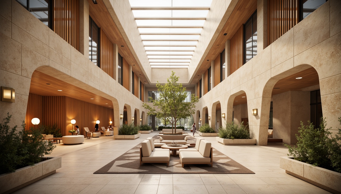 Prompt: Natural light-filled atriums, clerestory windows, warm beige stonework, rich wood accents, organic shapes, minimal ornamentation, functional simplicity, open floor plans, spacious public areas, elegant chandeliers, subtle sconce lighting, indirect ambient illumination, soft warm glow, 1/1 composition, shallow depth of field, realistic textures, ambient occlusion, retro-futuristic vibes, 1950s-inspired decorative elements, geometric patterned rugs, minimalist furniture designs.