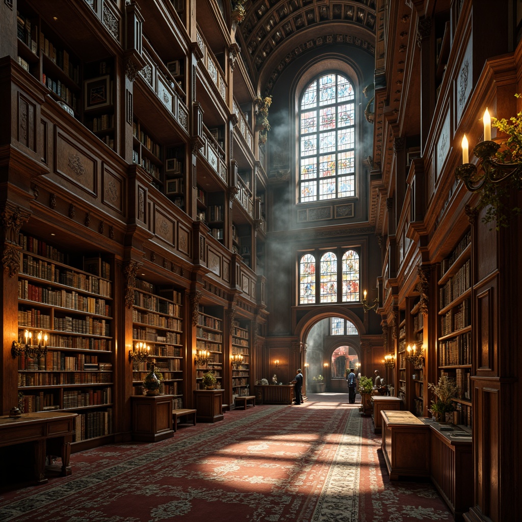 Prompt: Ornate bookshelves, rich wood tones, intricate carvings, grandiose arches, vaulted ceilings, stained glass windows, luxurious velvet drapes, ornamental metalwork, antique leather-bound books, mystical lanterns, warm golden lighting, dramatic shadows, 1/1 composition, symmetrical framing, atmospheric fog, mysterious ambiance.