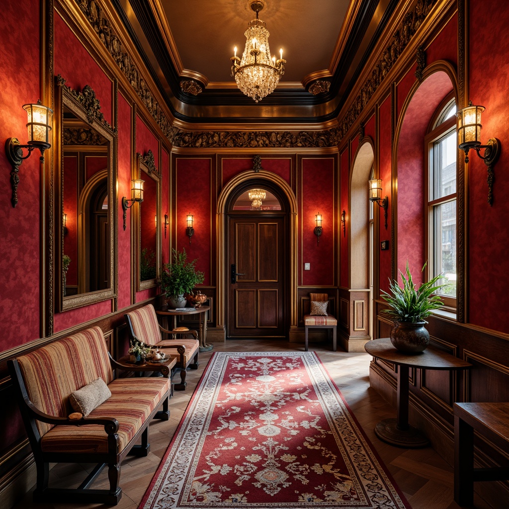 Prompt: Richly ornate mudroom, lavish golden accents, intricate carvings, plush velvet fabrics, regal crimson hues, ornamental mirrors, gilded frames, rustic wooden benches, antique bronze fixtures, luxurious patterned rugs, grandiose chandeliers, soft warm lighting, shallow depth of field, 3/4 composition, panoramic view, realistic textures, ambient occlusion.