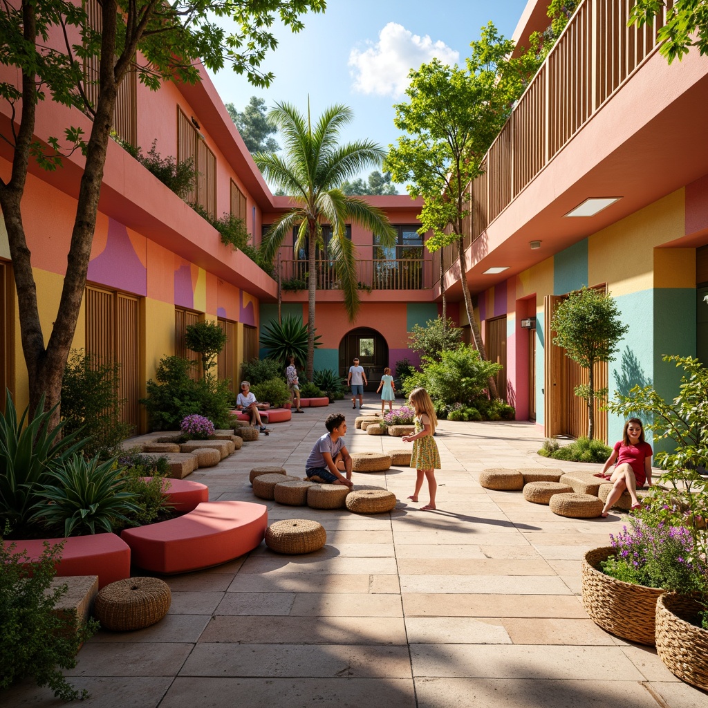 Prompt: Vibrant tropical elementary school, colorful wall murals, natural wood accents, woven bamboo furniture, lush green plants, bright coral colors, open-air courtyard, wooden sliding doors, rattan baskets, eclectic textiles, woven fibers, earthy tones, organic shapes, whimsical decorations, collaborative learning spaces, flexible seating arrangements, interactive whiteboards, soft diffused lighting, warm sunny days, shallow depth of field, 1/2 composition, realistic textures, ambient occlusion.