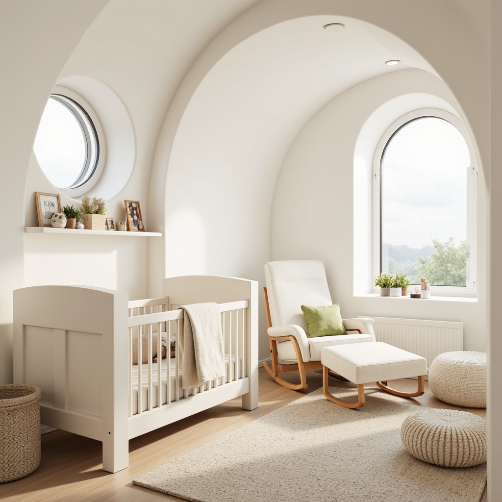 Prompt: Creamy white nursery, soft pastel colors, curved lines, minimalist decor, sleek modern furniture, baby crib with rounded edges, plush toys, gentle lighting, warm beige carpet, wooden accents, subtle texture variations, Scandinavian-inspired design, cozy reading nook, comfortable glider rocker, soothing color palette, circular motifs, elegant simplicity, 1/1 composition, shallow depth of field, soft focus effect.