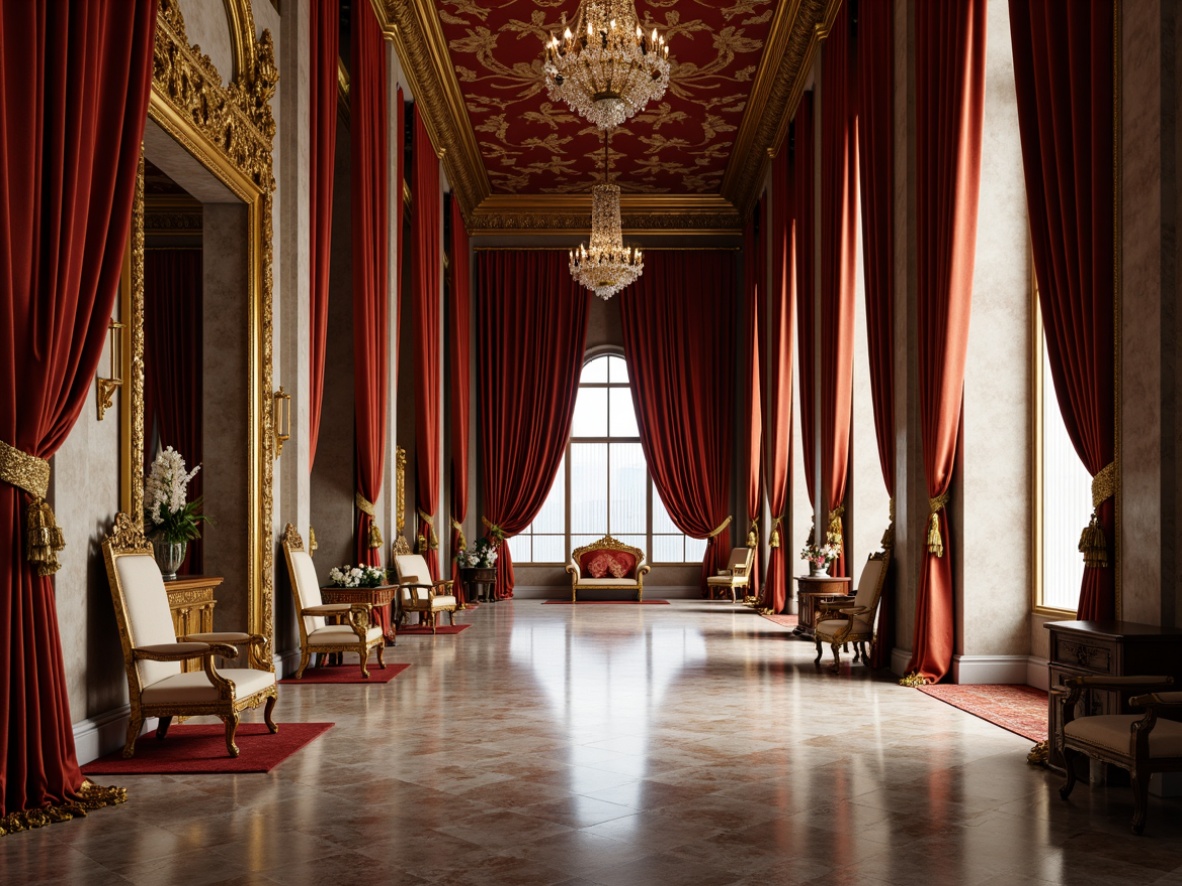 Prompt: Rich velvet fabrics, intricate golden embroidery, lavish silk drapes, ornate tassels, regal throne-like chairs, gilded wood carvings, ornamental mirrors, crystal chandeliers, opulent marble floors, dramatic curtains, luxurious canopies, imposing stone columns, grandiose archways, soft warm lighting, shallow depth of field, 3/4 composition, panoramic view, realistic textures, ambient occlusion.