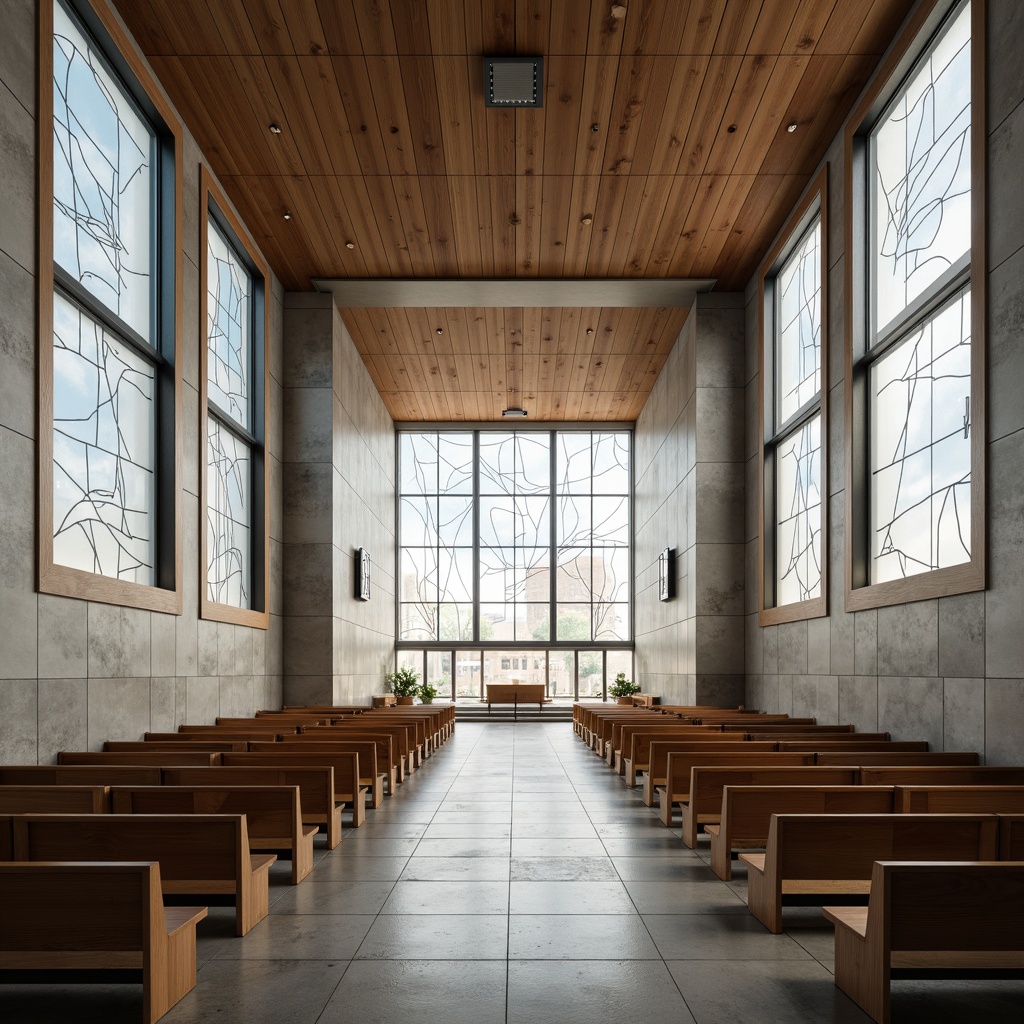 Prompt: Modern church interior, minimal ornamentation, natural stone flooring, warm wood accents, sleek metal fixtures, frosted glass partitions, soft diffused lighting, calming color palette, abstract stained glass windows, minimalist pews, polished concrete walls, industrial chic aesthetic, vaulted ceilings, dramatic vertical lines, symmetrical composition, atmospheric misting system, subtle texture variations.