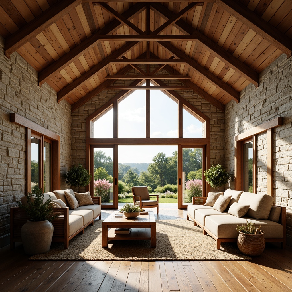 Prompt: Rustic farmhouse, open floor plan, high ceilings, wooden beams, natural stone walls, earthy color palette, vintage decorations, cozy nooks, large windows, sliding glass doors, panoramic views, lush greenery, blooming wildflowers, sunny day, warm soft lighting, shallow depth of field, 3/4 composition, realistic textures, ambient occlusion.