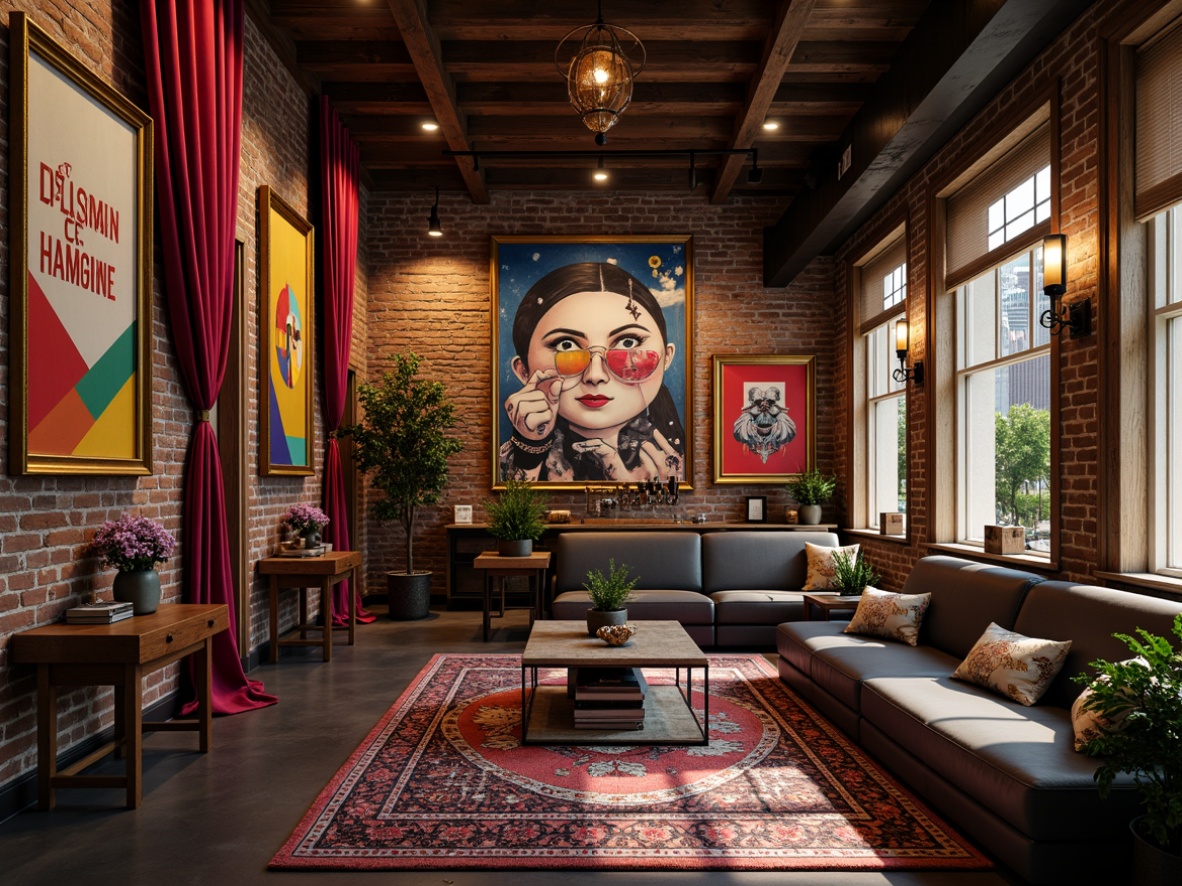 Prompt: Vibrant eclectic interior, distressed brick walls, reclaimed wooden planks, bold colorful murals, abstract geometric patterns, luxurious velvet drapes, ornate gold frames, industrial metal accents, edgy street art-inspired decals, richly textured rugs, moody dim lighting, shallow depth of field, 1/2 composition, realistic textures, ambient occlusion.