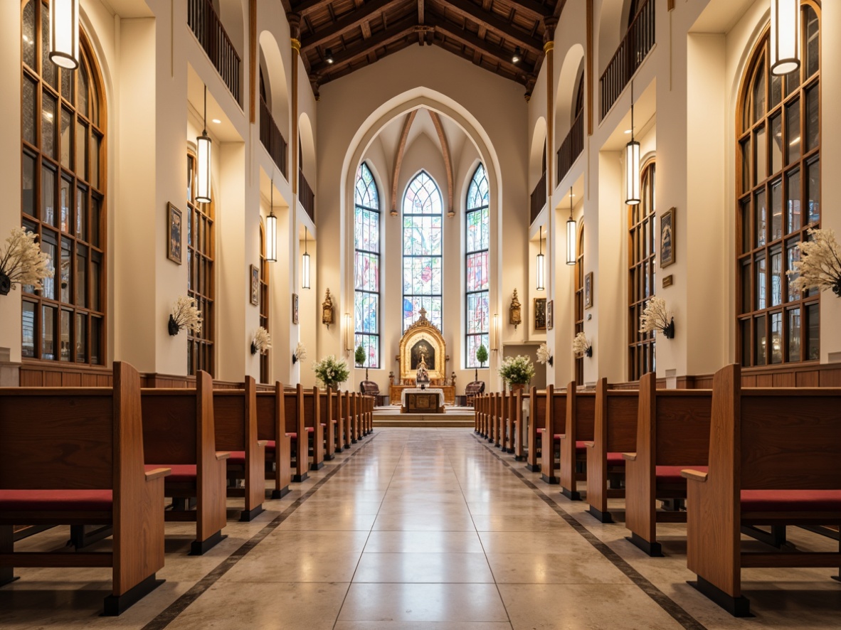 Prompt: Elegant church interior, stained glass windows, warm wooden pews, intricately carved altarpieces, soft cream-colored walls, polished marble floors, modern minimalistic furniture, sleek metal chairs, plush velvet cushions, ornate chandeliers, warm ambient lighting, shallow depth of field, 1/1 composition, realistic textures, subtle color palette, serene atmosphere, peaceful ambiance.