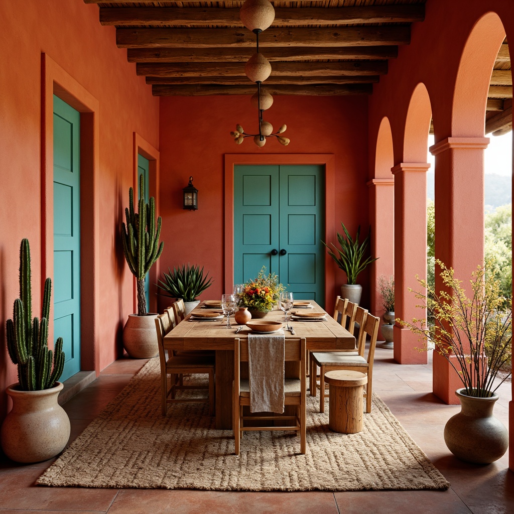 Prompt: Earthy Southwestern dining room, warm terracotta walls, rich turquoise accents, vibrant red and orange hues, distressed wood furniture, woven textiles, natural fiber rugs, earthy pottery, cacti decorations, desert botanicals, warm golden lighting, soft ambient glow, shallow depth of field, 2/3 composition, realistic textures, ambient occlusion.