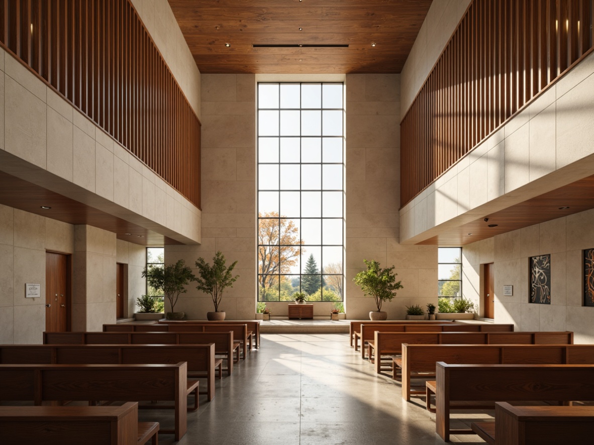 Prompt: Modern church interior, minimalist decor, sleek wood accents, polished concrete floors, neutral color palette, natural light pouring in, stained glass windows, subtle texture contrasts, elegant metal fixtures, sophisticated lighting design, atmospheric ambiance, warm beige stone walls, abstract artwork, geometric patterns, sacred symbols, calm reflective atmosphere, shallow depth of field, 1/1 composition, softbox lighting.