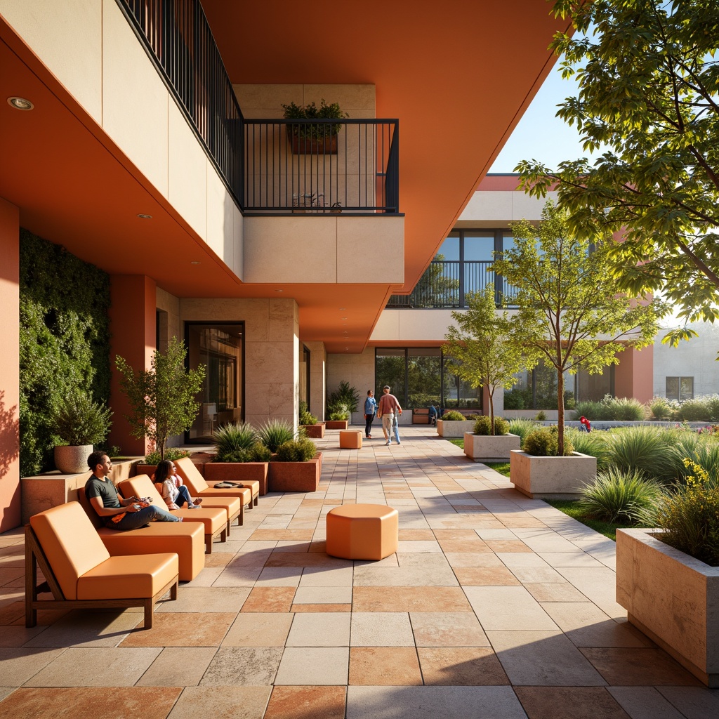 Prompt: Vibrant community center interior, warm earthy tones, geometric tile patterns, hexagonal shapes, ceramic materials, natural stone accents, wooden furniture, cozy seating areas, greenery installations, soft indirect lighting, shallow depth of field, 1/1 composition, realistic textures, ambient occlusion.