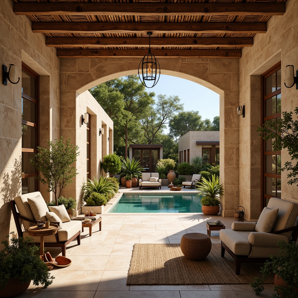 Prompt: Warm Mediterranean villa, rustic stone walls, ornate wooden beams, sunny outdoor spaces, turquoise waters, lush greenery, colorful ceramics, woven textiles, ornamental metalwork, pendant lanterns, candle-like lighting, distressed finishes, earthy tones, warm golden lighting, soft shadows, 3/4 composition, shallow depth of field, natural ambiance, cozy atmosphere.