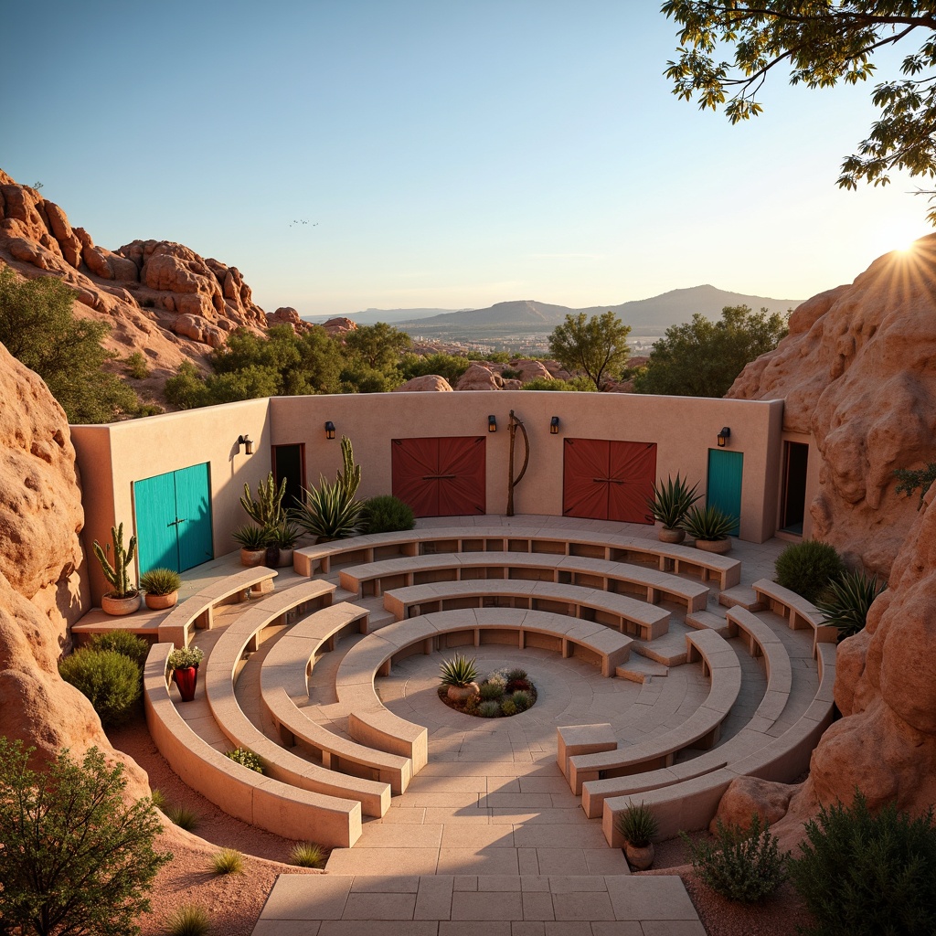 Prompt: Earth-toned amphitheater, southwestern landscape, rugged stone walls, sandy dunes, cactus silhouettes, vibrant turquoise accents, warm terracotta hues, soft adobe reds, natural earthy tones, woven textiles, geometric patterns, abstract mural art, rustic wooden benches, desert flora, clear blue skies, dramatic sunset lighting, shallow depth of field, 1/2 composition, realistic textures, ambient occlusion.