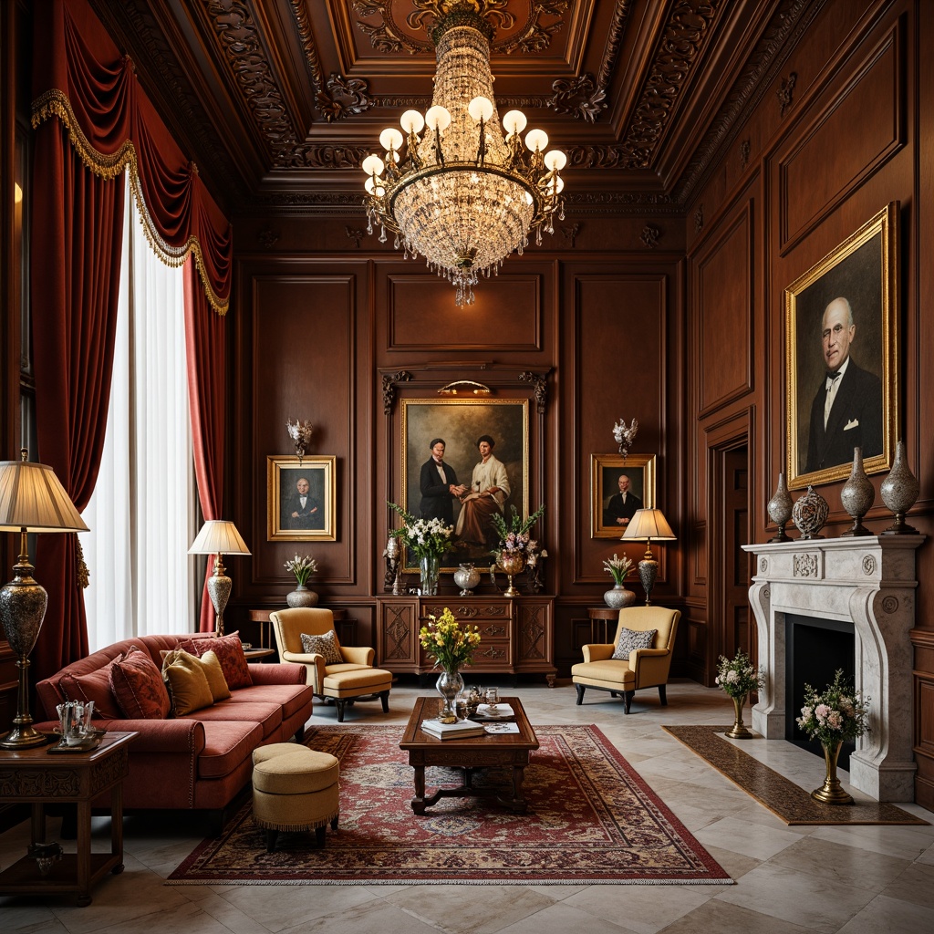 Prompt: Luxurious mansion, grand chandelier, rich velvet drapes, ornate wooden furniture, intricately carved details, plush sofas, antique vases, crystal glassware, heavy silk curtains, lavish rugs, polished marble floors, classic oil paintings, refined bronze fixtures, soft warm lighting, 1/2 composition, shallow depth of field, realistic textures.