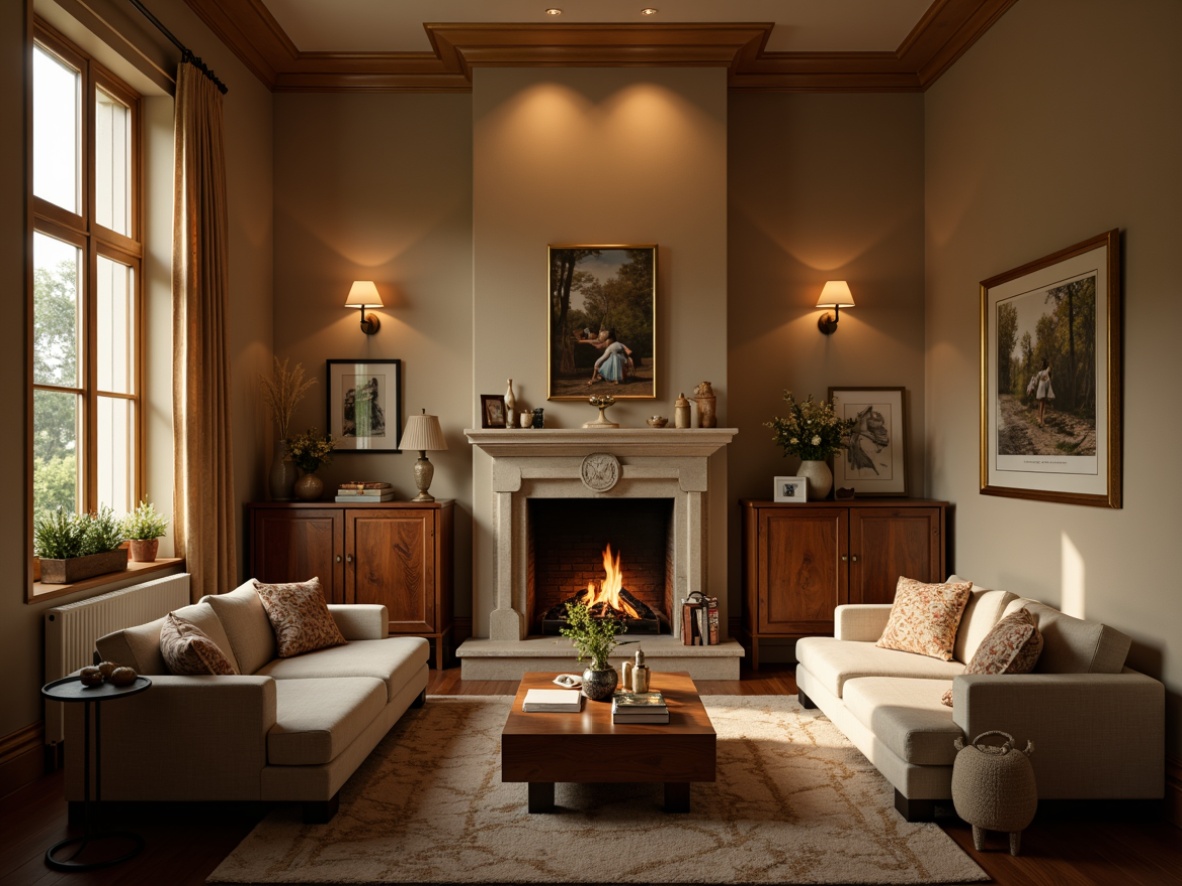 Prompt: Cozy living room, warm beige walls, plush furniture, soft cushions, golden lighting fixtures, table lamps, floor lamps, dimmable lights, comfortable reading nooks, rich wood accents, natural stone fireplace, crackling fire, calm atmosphere, relaxing ambiance, warm color palette, subtle shadows, 1/1 composition, intimate photography, soft focus, cinematic mood.