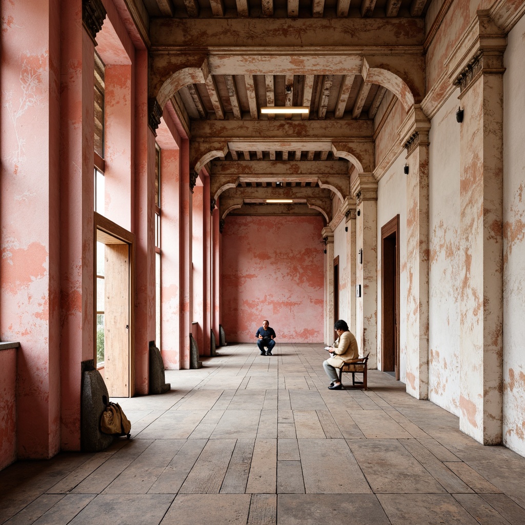 Prompt: Warm coral hues, soft pastel pinks, creamy whites, rich gold accents, distressed industrial textures, exposed brick walls, worn wooden floors, ornate metal fixtures, grand neoclassical columns, intricate moldings, large windows, natural light, soft focus, shallow depth of field, 1/2 composition, atmospheric perspective, subtle color grading.