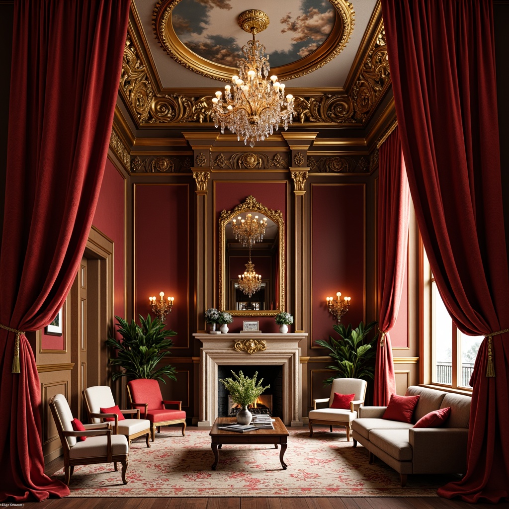 Prompt: Rich velvet drapes, opulent gold accents, lavish crystal chandeliers, intricate wooden carvings, ornate fresco ceilings, grandiose marble fireplaces, luxurious silk fabrics, warm honey-toned wood paneling, regal crimson reds, majestic emerald greens, soft creamy whites, dramatic shadowy lighting, 1/1 composition, symmetrical layout, detailed textures, atmospheric rendering.