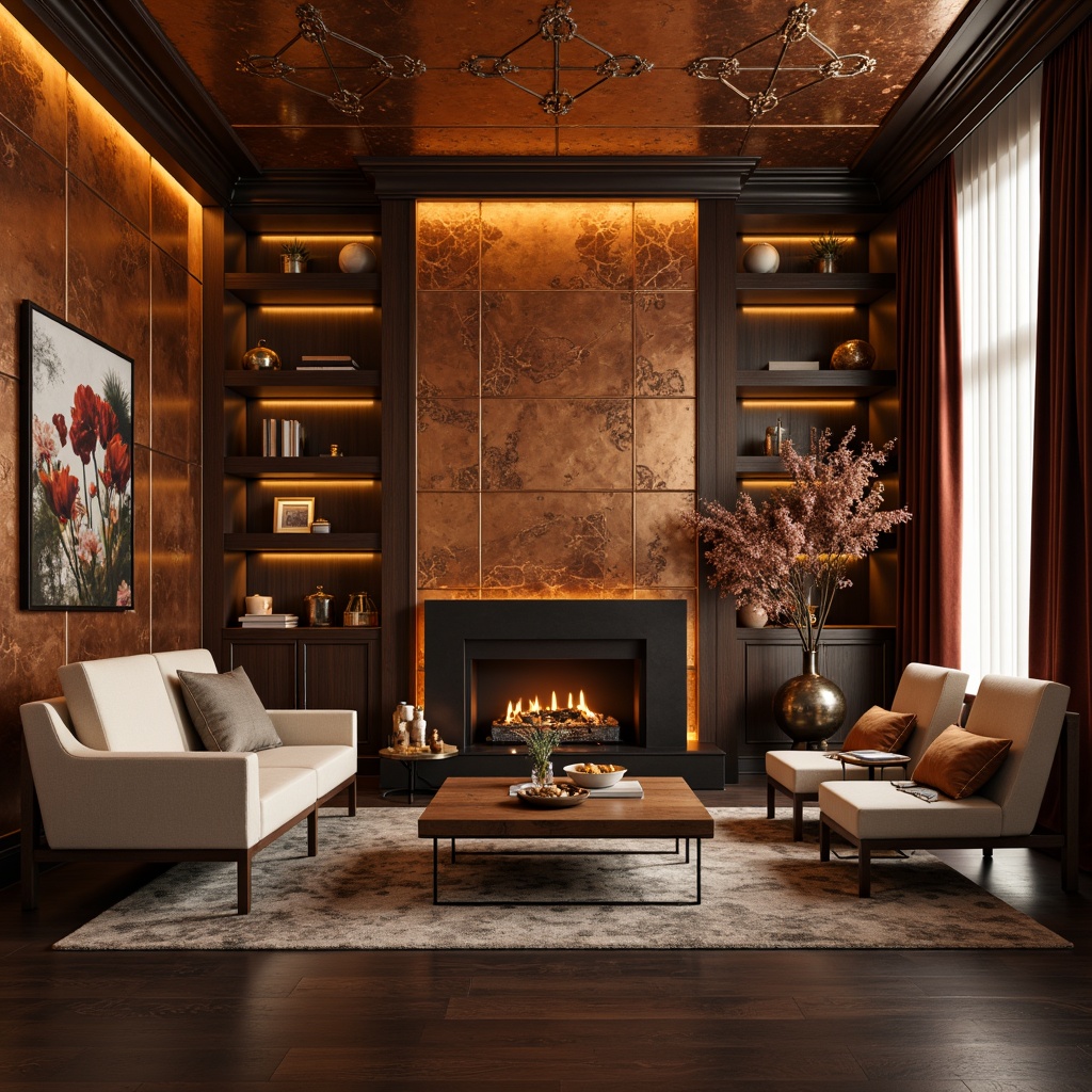 Prompt: Luxurious interior design, textured copper walls, bronze finish accents, warm golden hues, metallic sheen, ornate patterns, intricate details, rich velvet drapes, dark wood flooring, modern minimalist furniture, ambient soft lighting, shallow depth of field, 1/2 composition, realistic textures, subtle reflections.