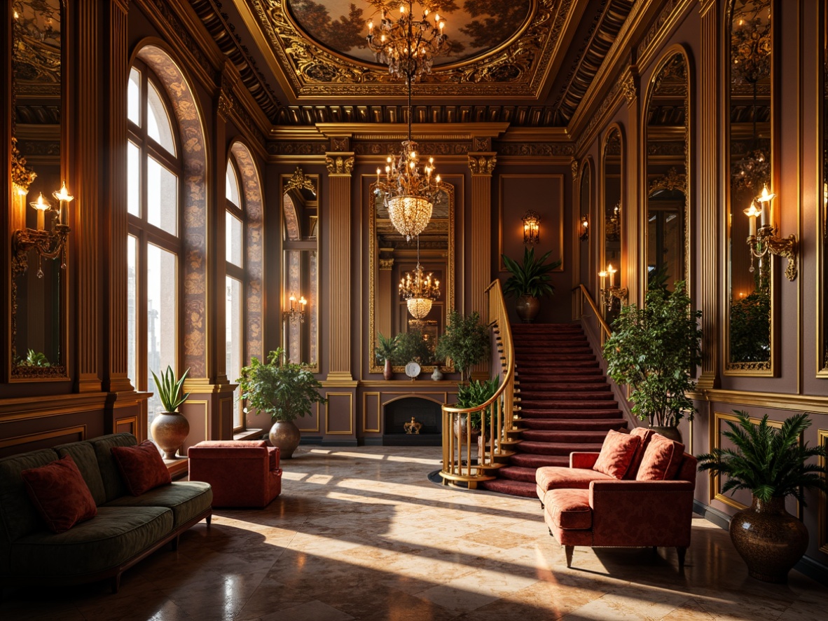 Prompt: Luxurious interior, ornate furnishings, gilded decorations, intricately carved wood panels, velvet drapes, crystal chandeliers, marble flooring, golden accents, lavish textiles, rich jewel tones, dramatic lighting, warm candle glow, ornate mirrors, frescoed ceilings, grand staircases, sweeping archways, intricate moldings, luxurious upholstery, regal atmosphere, soft focus, shallow depth of field, 2/3 composition, warm color palette, realistic textures.