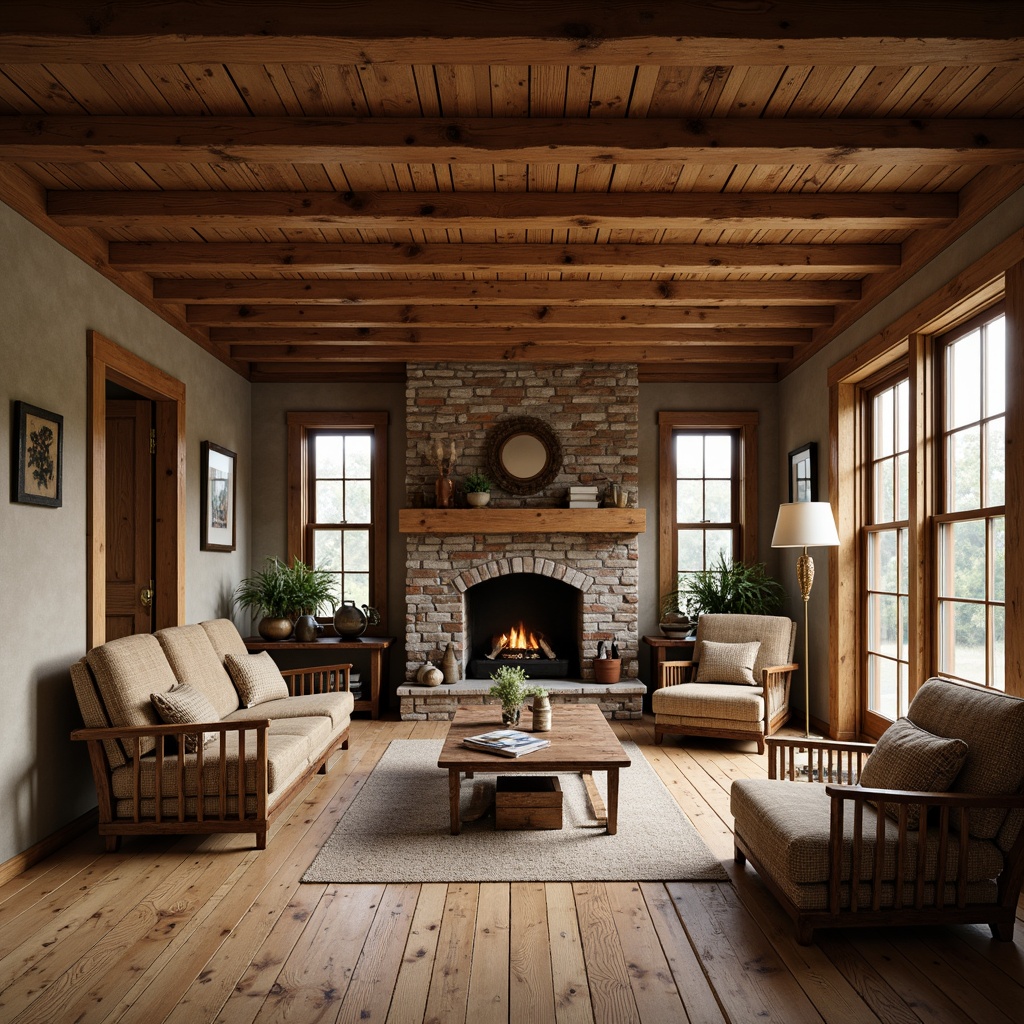 Prompt: Rustic farmhouse, wooden beams, exposed ceiling, natural wood tones, earthy color palette, cozy atmosphere, vintage decorative items, traditional craftsman style, stone fireplaces, brick walls, wooden floors, distressed textures, warm soft lighting, shallow depth of field, 2/3 composition, intimate close-up shots, realistic renderings, ambient occlusion.