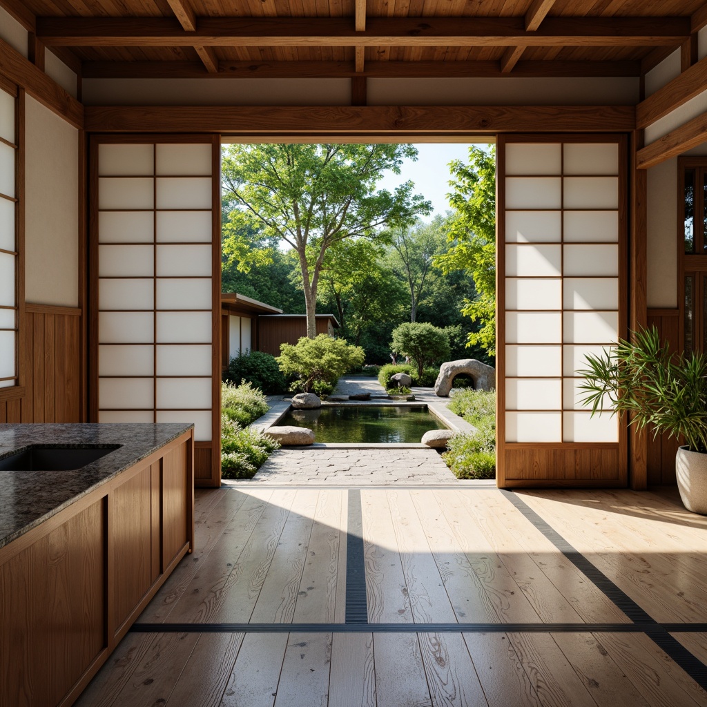 Prompt: \Traditional Japanese tea house, natural wood accents, Shoji screens, sliding doors, Zen-inspired garden, tranquil water features, lush greenery, granite countertops, honed finish, subtle texture, earthy tone, warm ambient lighting, 1/1 composition, realistic reflections, ambient occlusion.\