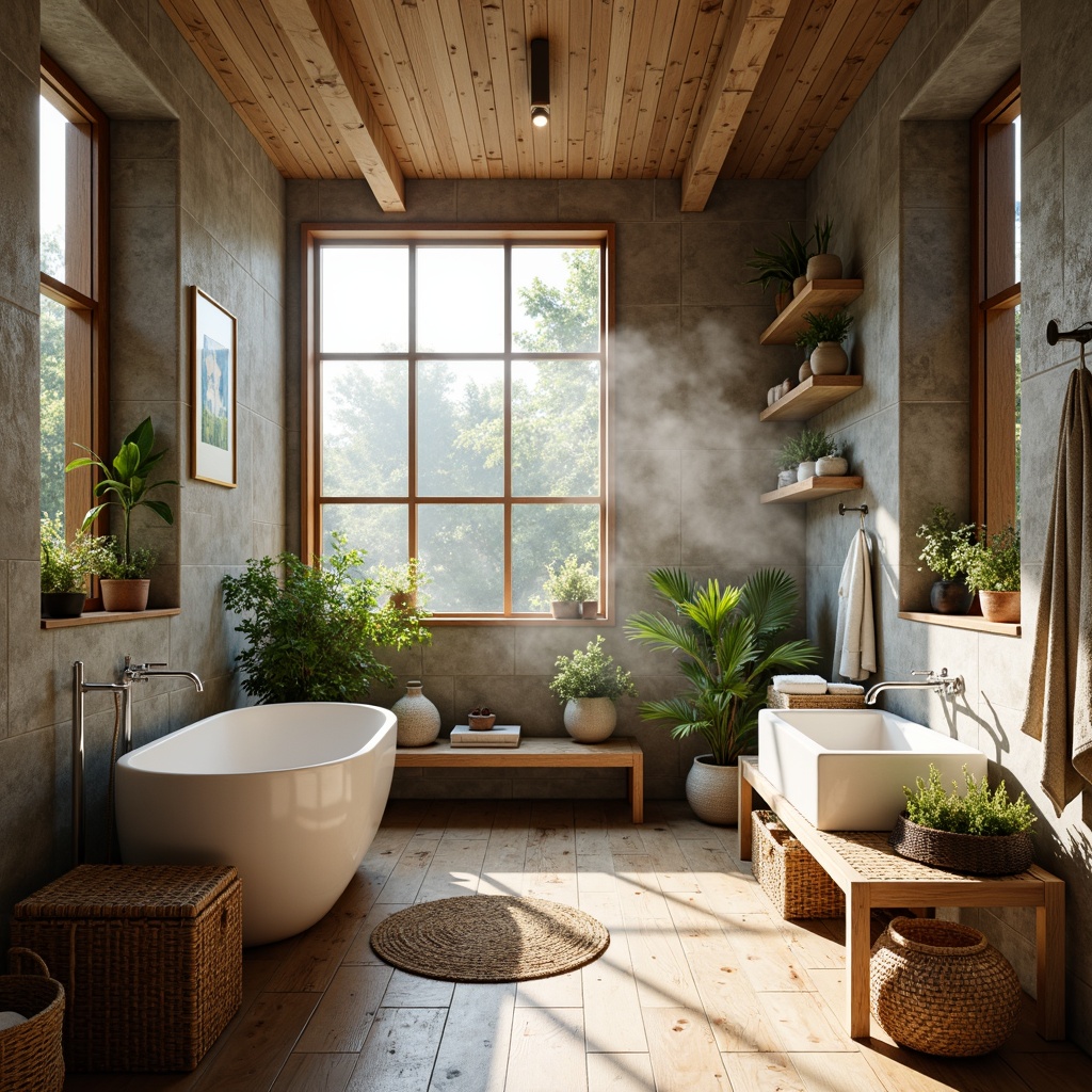 Prompt: Light-filled Scandinavian bathroom, wooden accents, natural stone walls, reclaimed wood floors, woven wicker furniture, rattan storage baskets, earthy color palette, moss-greenery, potted plants, organic textures, warm ambient lighting, soft water mist, gentle steam, spa-like atmosphere, free-standing tubs, wall-mounted sinks, minimalist chrome fixtures, nature-inspired decorative elements, driftwood shelves, woven linen towels, botanical prints, calming ambiance, shallow depth of field, 3/4 composition, panoramic view.