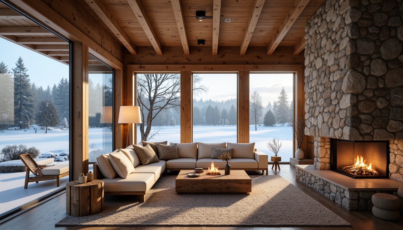 Prompt: Cozy Scandinavian villa, natural wood accents, large windows, rustic stone walls, snow-covered roof, frozen lake backdrop, serene forest surroundings, warm ambient lighting, soft glow, table lamps, floor lamps, pendant lights, candles, fire pit, crackling fireplace, warm beige tones, comfortable furnishings, plush textiles, minimalist decor, Nordic-inspired patterns, subtle color palette, morning sunlight, gentle shadows, 1/1 composition, shallow depth of field, realistic textures.