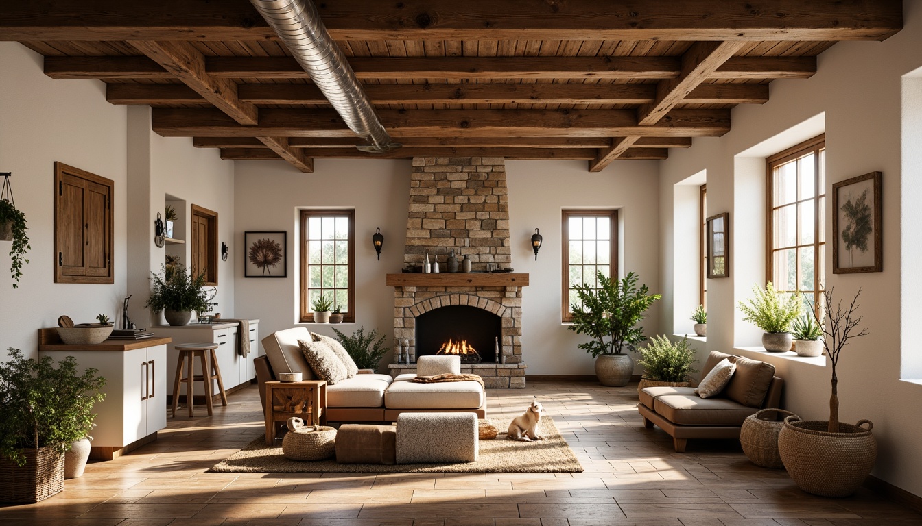 Prompt: Rustic farmhouse, wooden beams, exposed ductwork, earthy tones, natural textures, vintage decor, cozy atmosphere, soft warm lighting, shallow depth of field, 3/4 composition, panoramic view, realistic wood grain, ambient occlusion, wooden furniture, woven baskets, potted plants, stone fireplace, plush throw blankets, creamy white walls, distressed wood accents, metal lanterns, farmhouse sink, wooden flooring, natural fiber rugs.